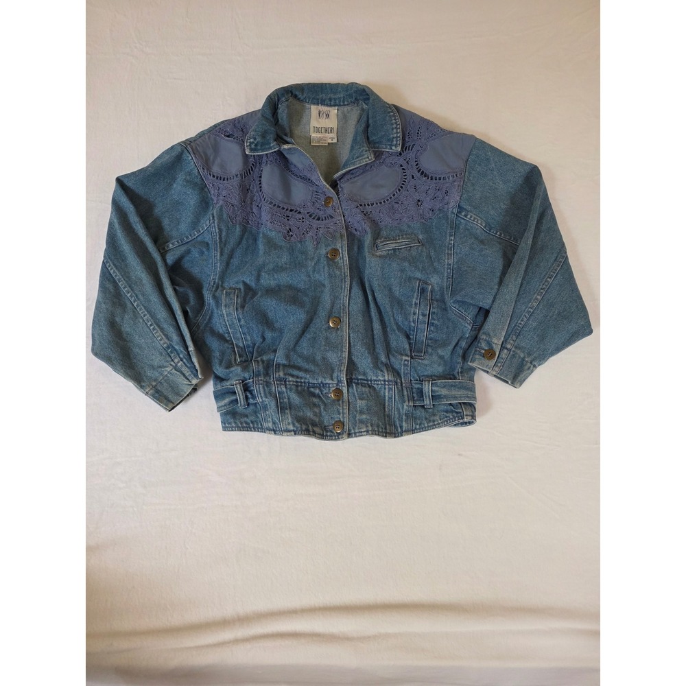 Vintage 80s Denim Jacket Lace Crochet‎ Yoke Medium Blue Retro 90s Cottagecore